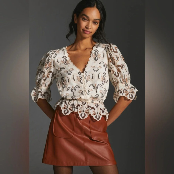 ANTHROPOLOGIE Eyelet Blouse in Neutral Motif - Picture 1 of 11